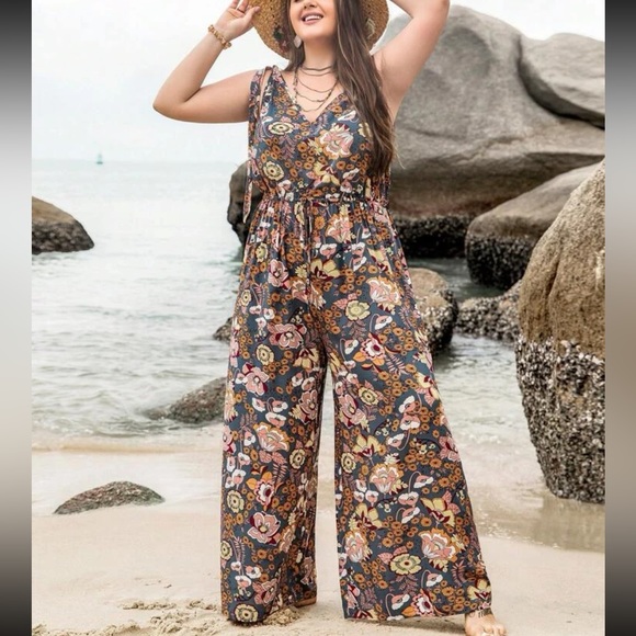 Plus Size Boho Floral Print Tie Shoulder Wide Leg Palazzo Pants Jumpsuit - Picture 1 of 4